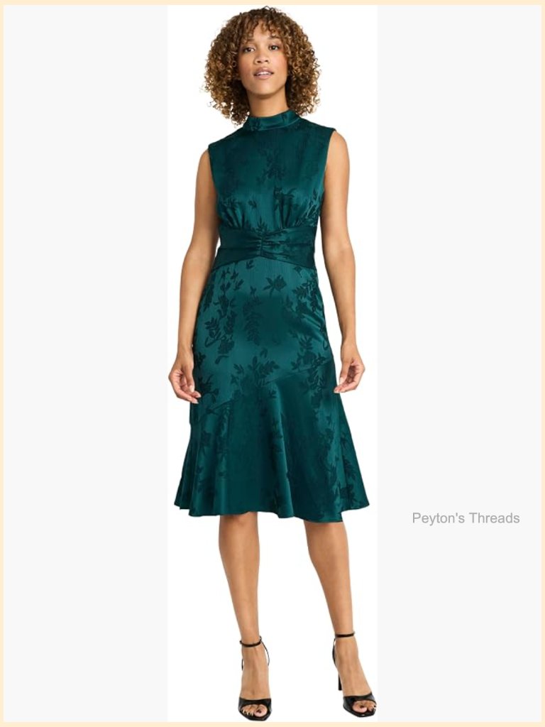 Elegant Midi Sleeveless Dress - High Neck Ruched Waist Flared Skirt - Formal